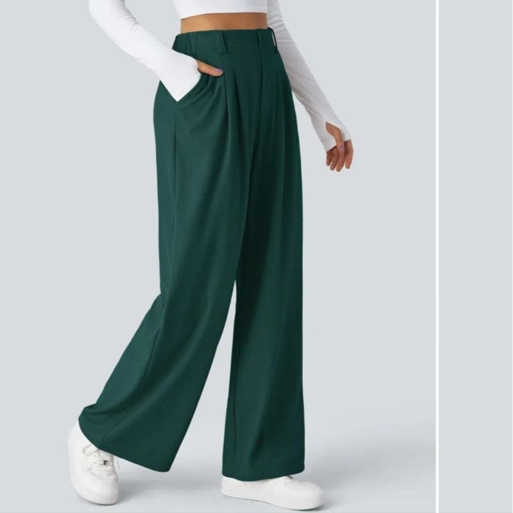 Halara High Waisted Waffle Work Side Pocket Pull On Wide Keg Pant Green Small - Picture 2 of 5